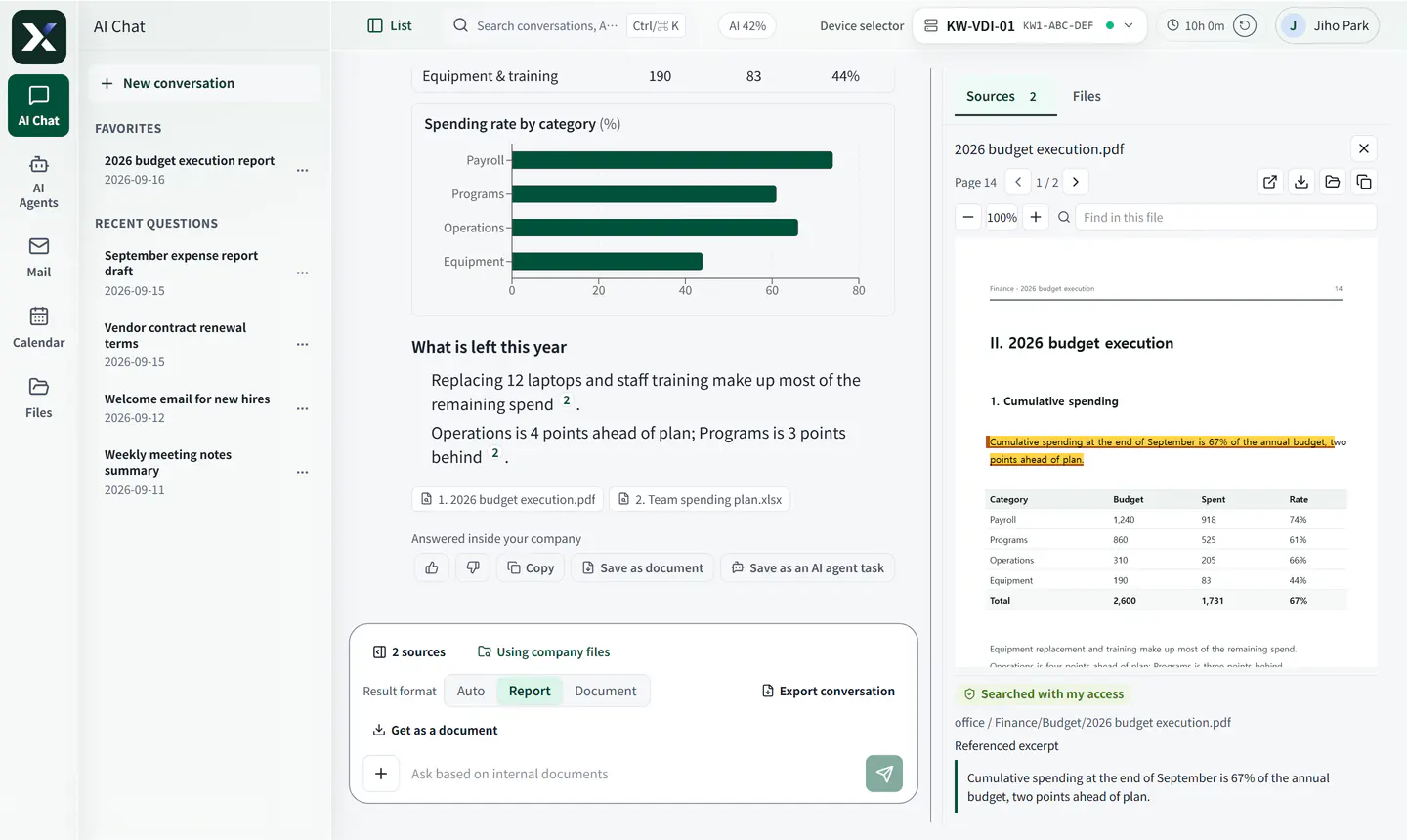 In-house AI screen with the cited page open, the quoted sentence marked, and a label showing it was found within the employee’s access