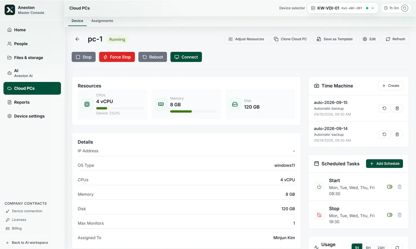 Cloud PC detail — connect button, resources, automatic backups, and on/off schedule