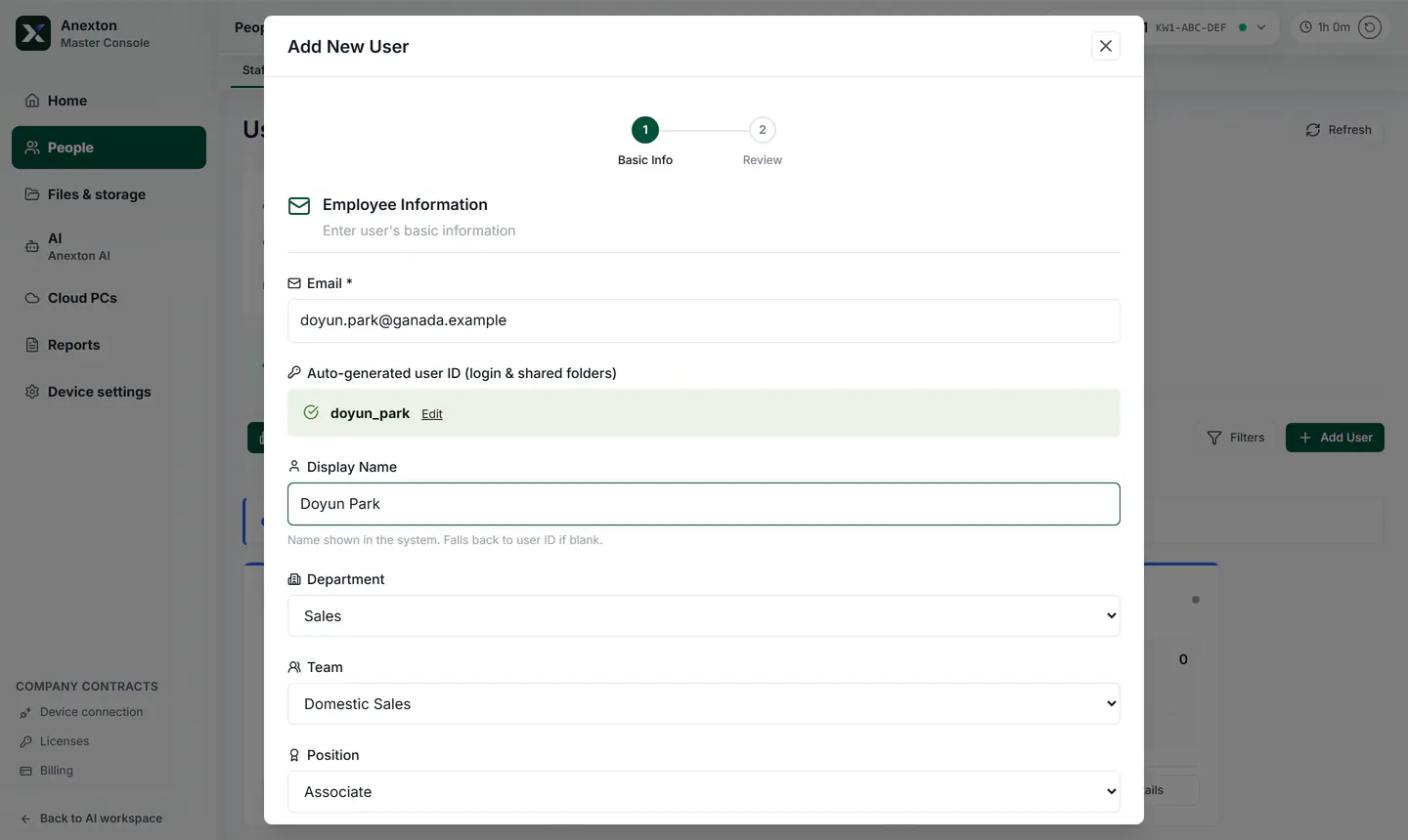 Adding a new employee’s email, name, department, team, and role