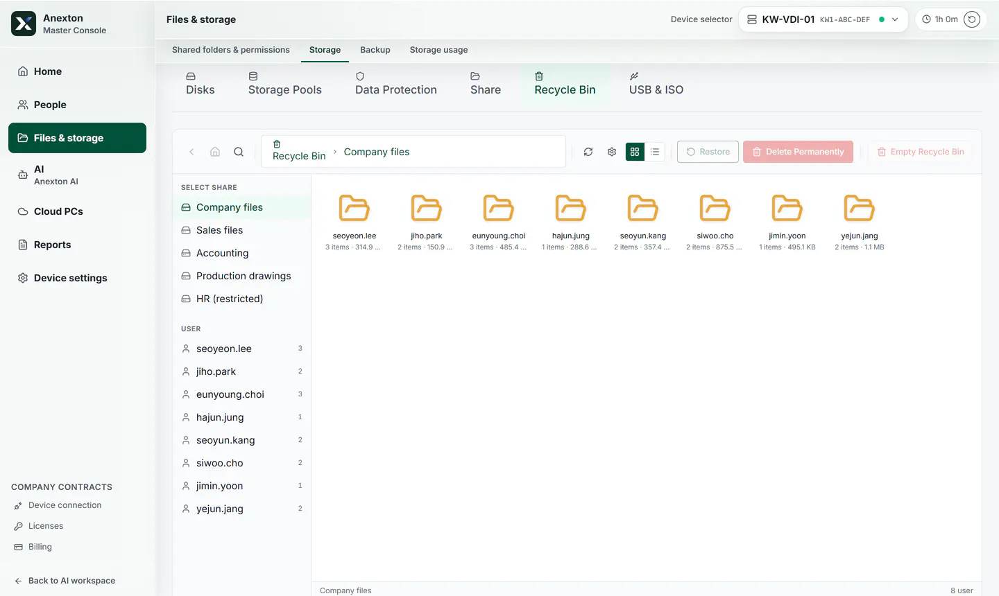 Recycle bin grouping deleted files by shared folder and by person