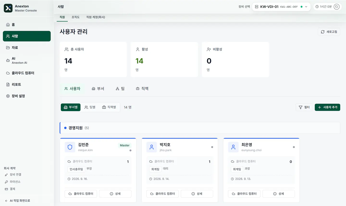 부서별 직원 카드에서 팀·직급과 클라우드 컴퓨터를 보는 화면