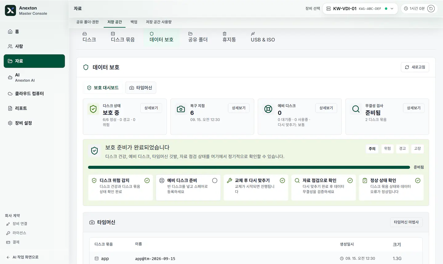 디스크 상태·되돌릴 시점·고장 대비 순서를 보여 주는 자료 보호 화면